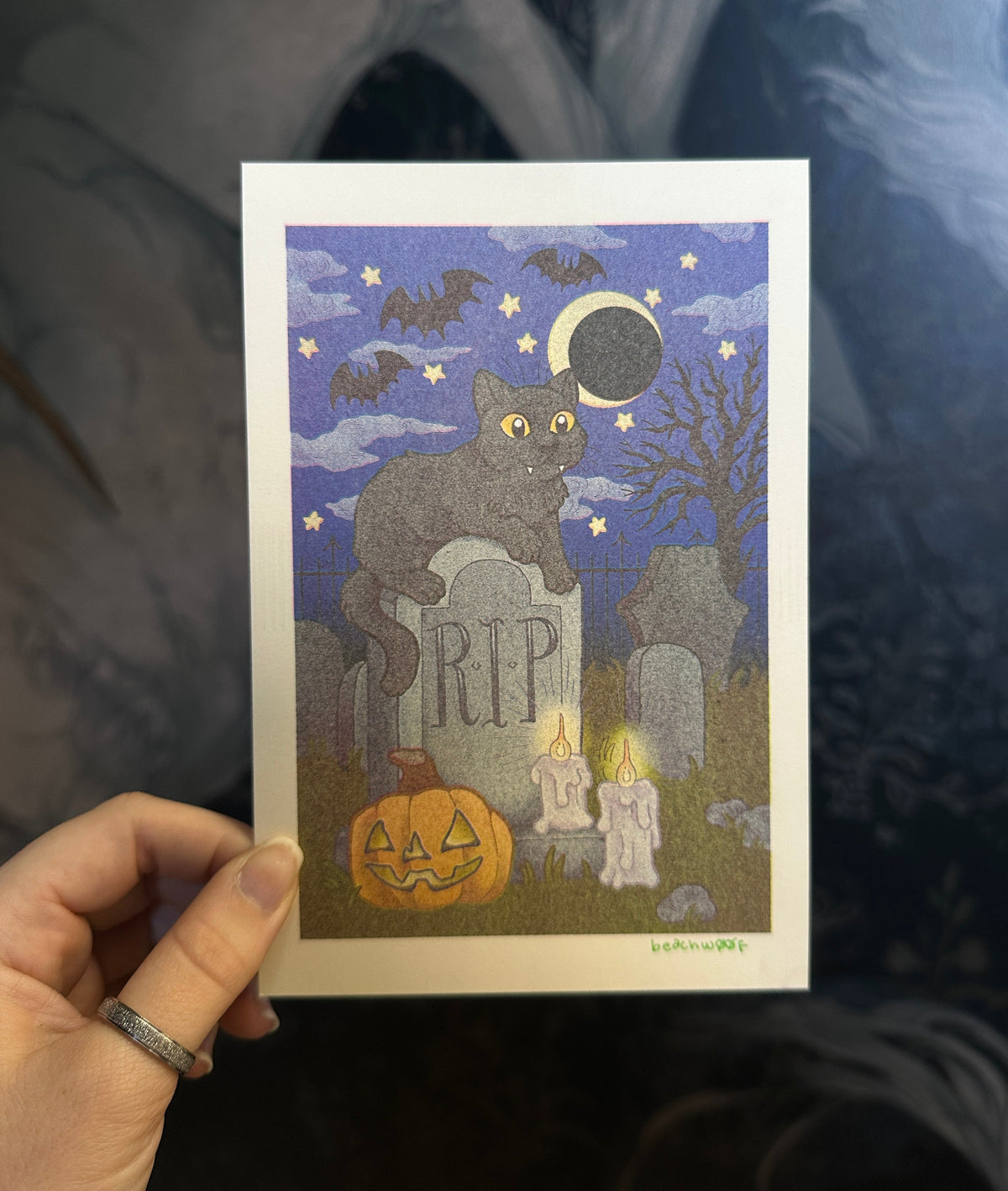 "Spooky Graveyard Kitty" Risograph Print by Liam Williams