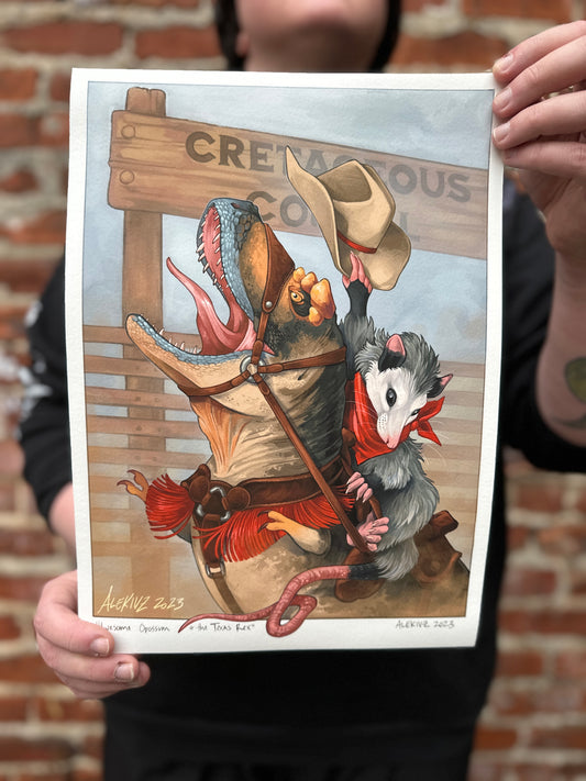 "Awesome Opossum and the Texas Rex" Print by Kingsley Van Zandt