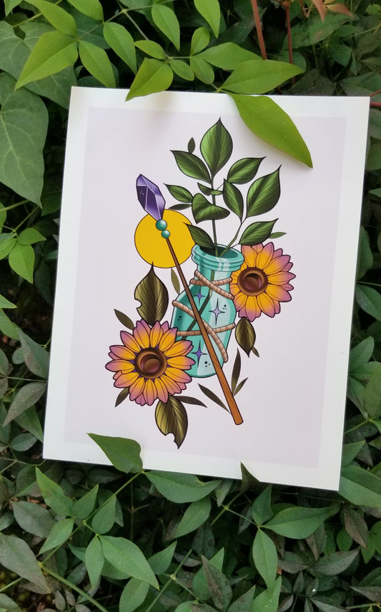 "Sunflower Spell Jar" Mini Print by Sara Stigmata